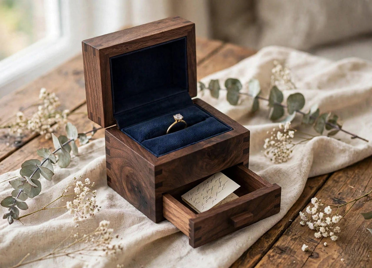 Classic craftsman style — lift-top ring section with a pull-out drawer underneath for the second band, notes, or keepsake
