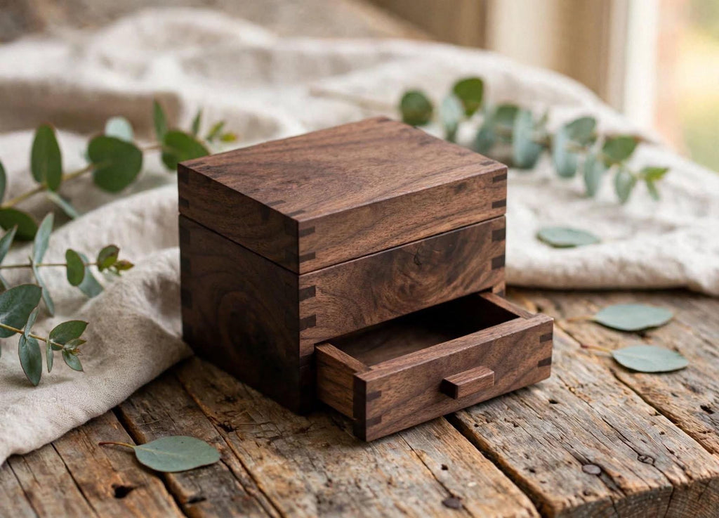 Classic craftsman style — lift-top ring section with a pull-out drawer underneath for the second band, notes, or keepsake