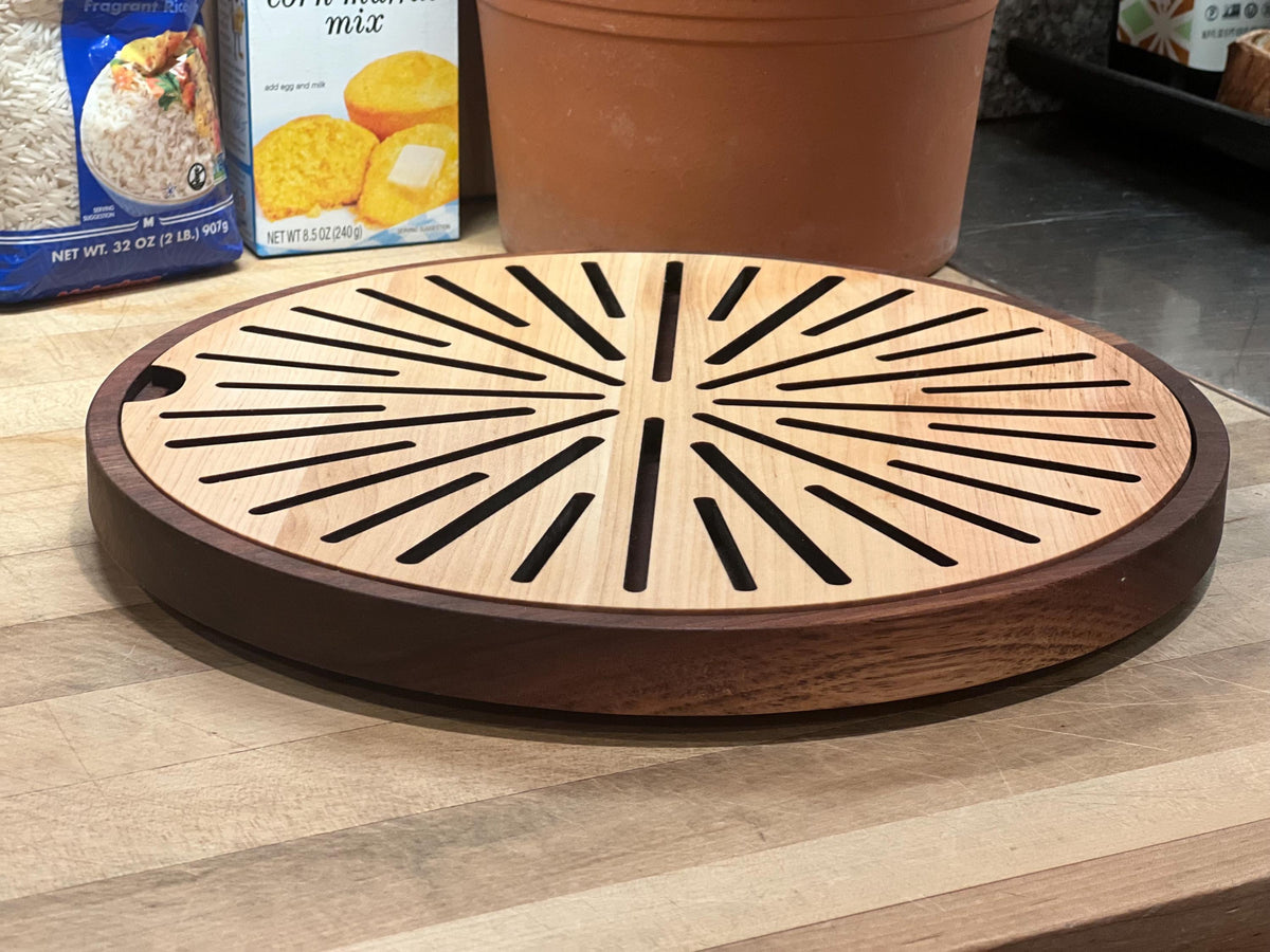 14” Round Walnut Cutting Board  | Crumb Catcher Tray | Wooden Serving Board | Kitchen Gift