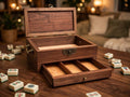 Handcrafted solid walnut mahjong tile storage box with drawer- wooden Mahjong box with vintage brass hardware- Heirloom game box