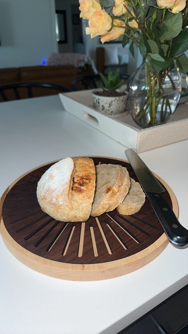 White oak and walnut bread and crumb cutting board, sourdough loaf and baked bread serving tray, 12” round
