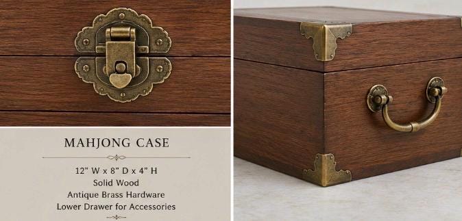 Elegant Mahjong Set Case | Hardwood Storage Box with Brass Corners and Pull-Out Drawer