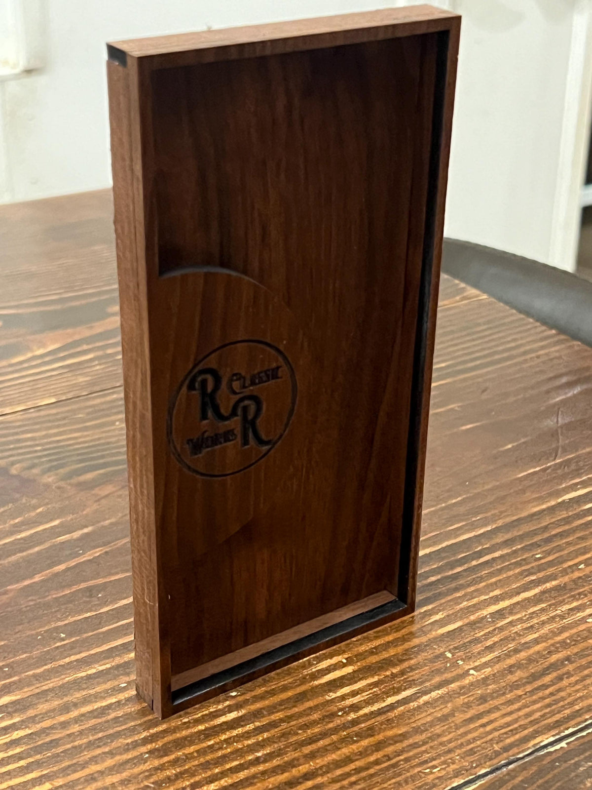 Wooden check  presenter and receipt holder for credit cards and cash. The measurements are 7”x3 1/2”x 1/2”