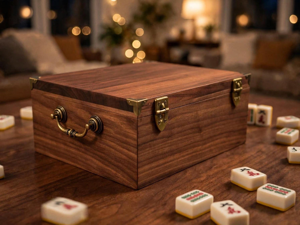 Handcrafted solid walnut mahjong tile storage box with drawer- wooden Mahjong box with vintage brass hardware- Heirloom game box
