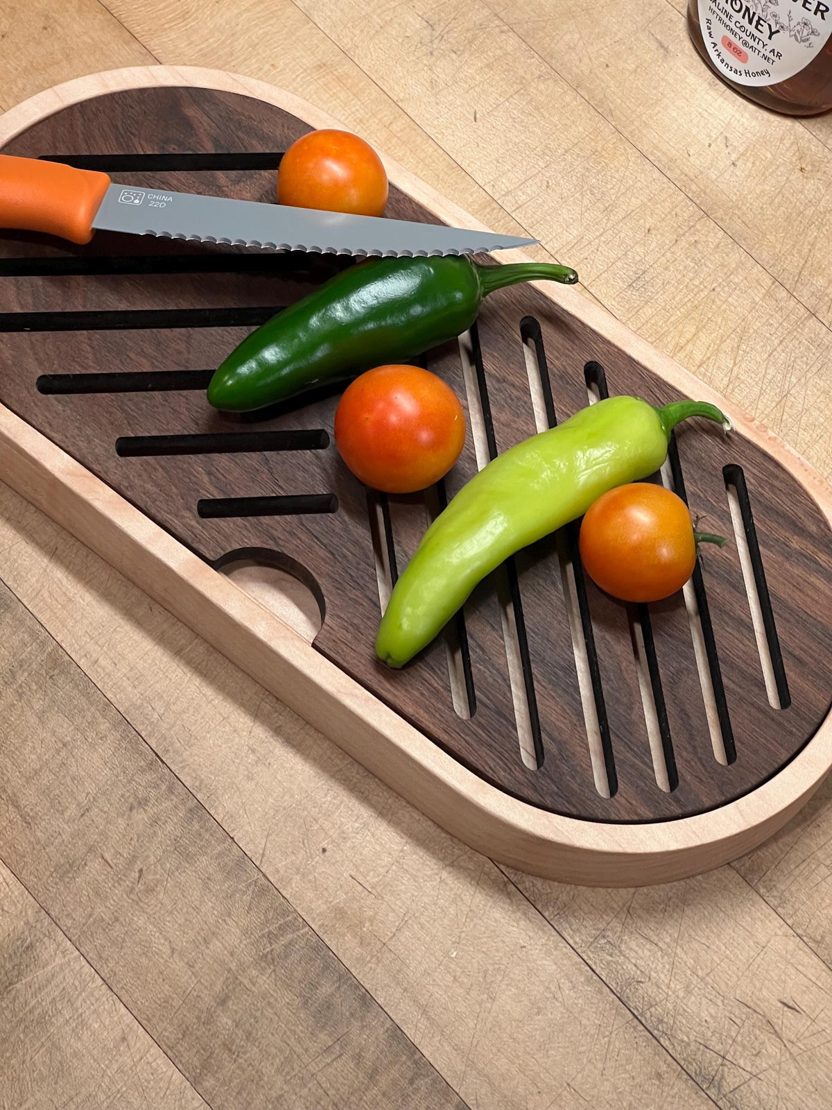 Wooden Maple and walnut bread cutting board and crumb tray