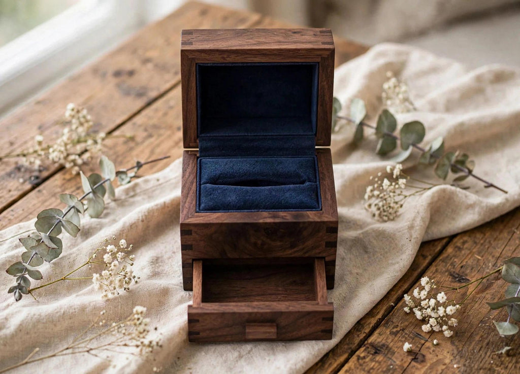 Classic craftsman style — lift-top ring section with a pull-out drawer underneath for the second band, notes, or keepsake