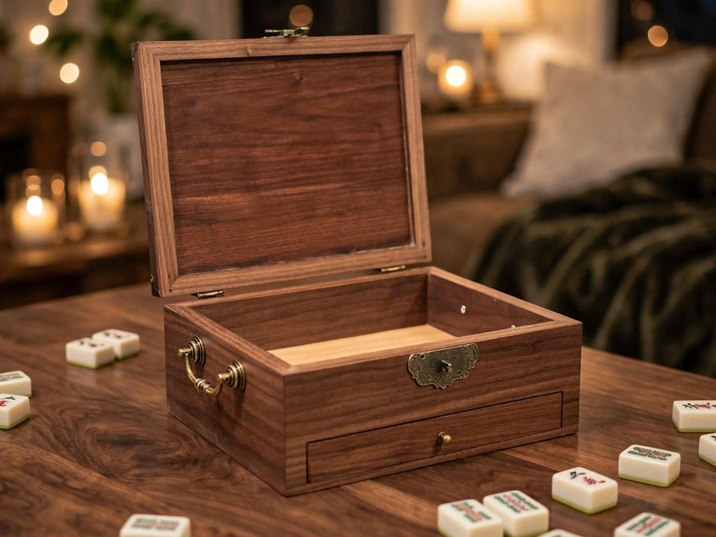 Handcrafted solid walnut mahjong tile storage box with drawer- wooden Mahjong box with vintage brass hardware- Heirloom game box