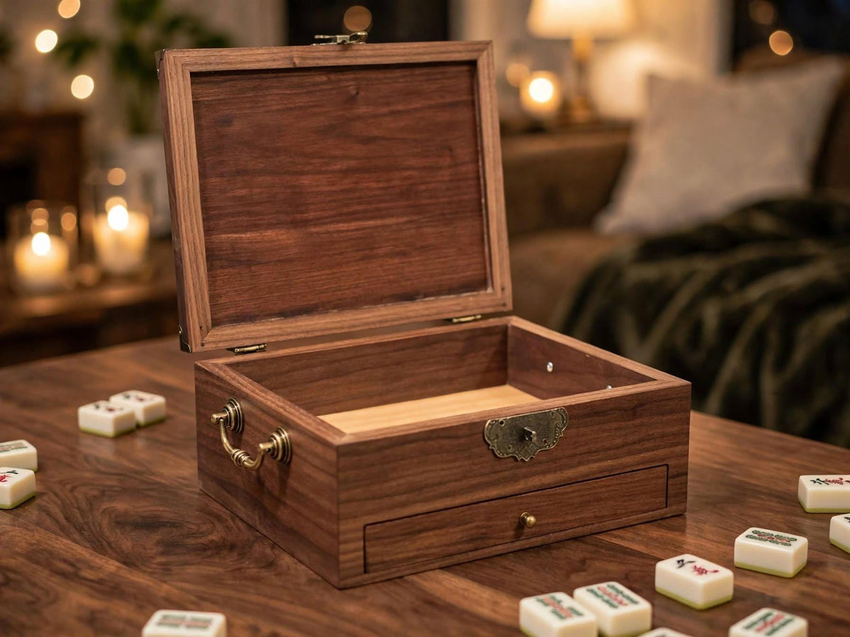 Handcrafted solid walnut mahjong tile storage box with drawer- wooden Mahjong box with vintage brass hardware- Heirloom game box