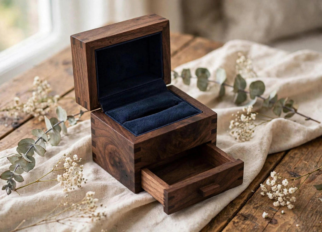 Classic craftsman style — lift-top ring section with a pull-out drawer underneath for the second band, notes, or keepsake