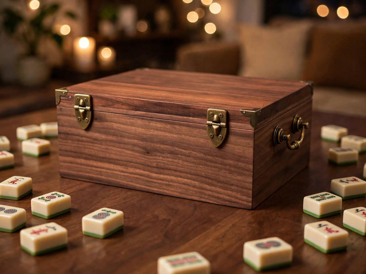 Handcrafted solid walnut mahjong tile storage box with drawer- wooden Mahjong box with vintage brass hardware- Heirloom game box