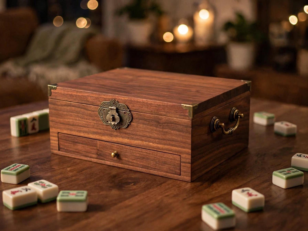 Handcrafted solid walnut mahjong tile storage box with drawer- wooden Mahjong box with vintage brass hardware- Heirloom game box