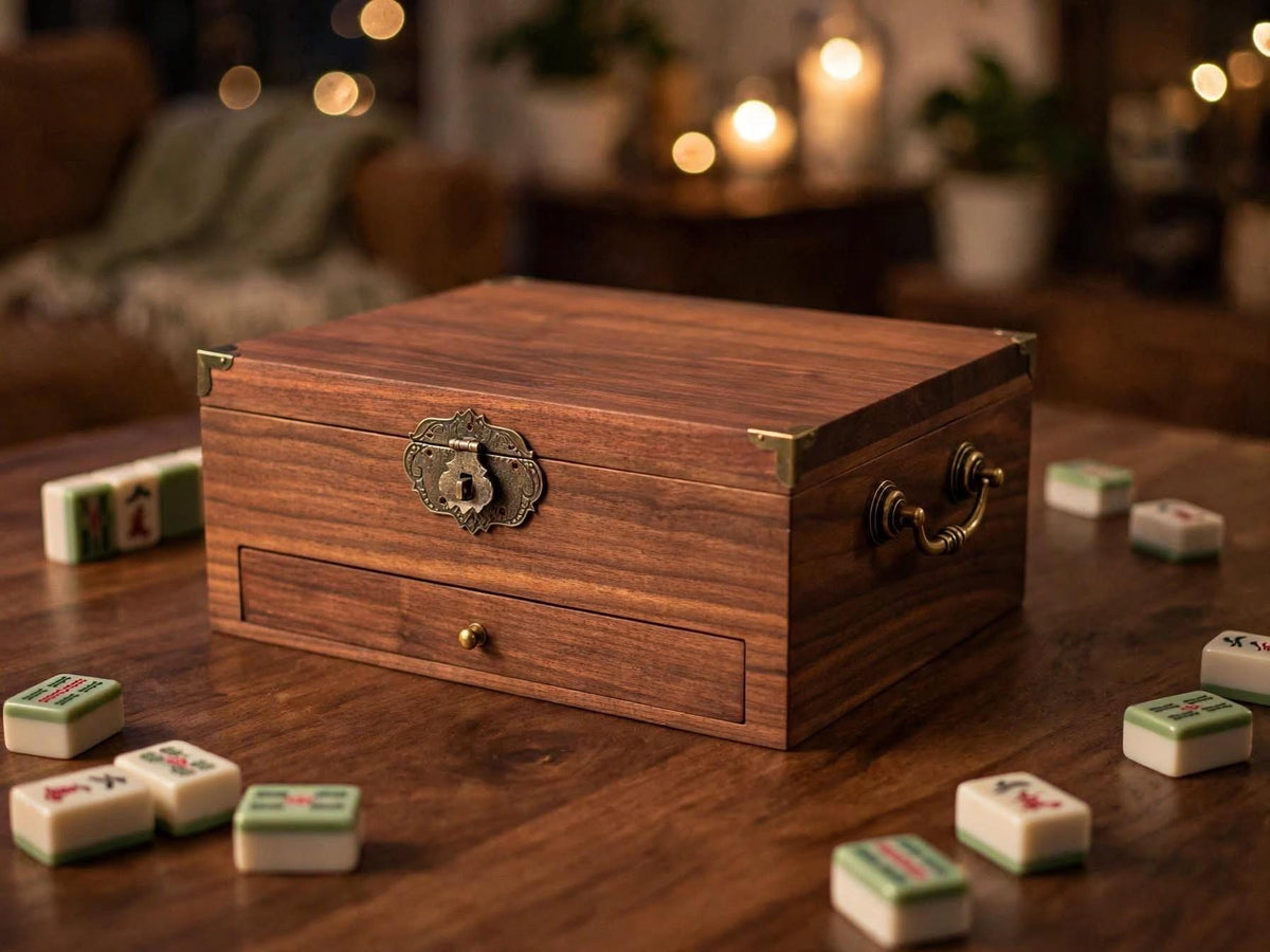 Handcrafted solid walnut mahjong tile storage box with drawer- wooden Mahjong box with vintage brass hardware- Heirloom game box
