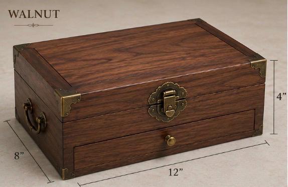 Elegant Mahjong Set Case | Hardwood Storage Box with Brass Corners and Pull-Out Drawer