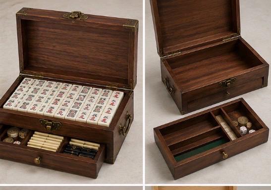 Elegant Mahjong Set Case | Hardwood Storage Box with Brass Corners and Pull-Out Drawer