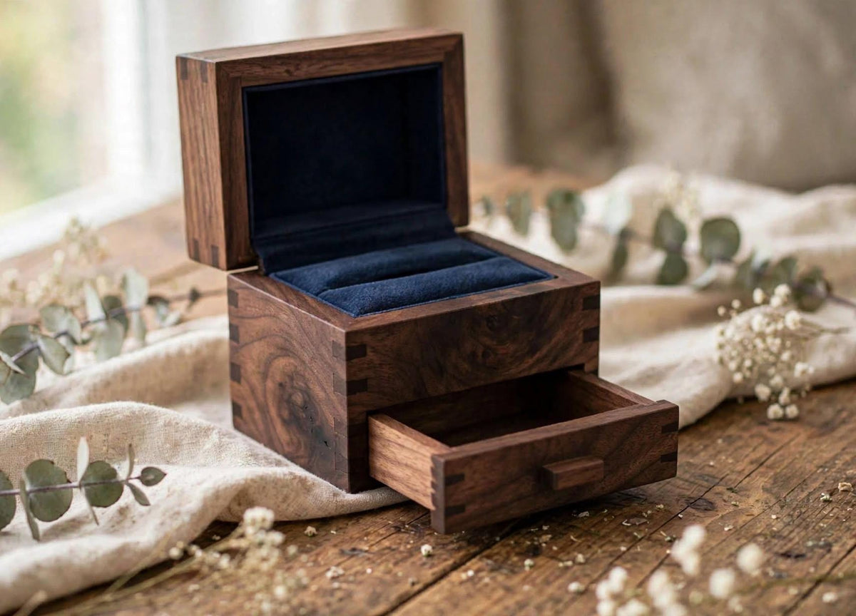 Classic craftsman style — lift-top ring section with a pull-out drawer underneath for the second band, notes, or keepsake
