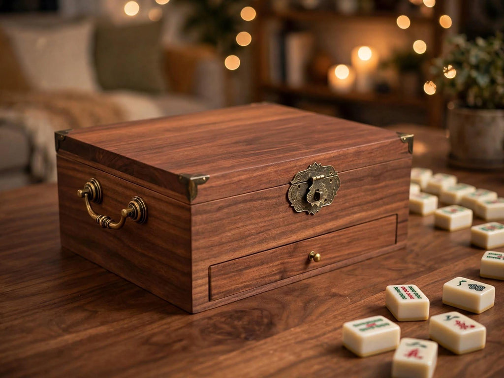 Handcrafted solid walnut mahjong tile storage box with drawer- wooden Mahjong box with vintage brass hardware- Heirloom game box