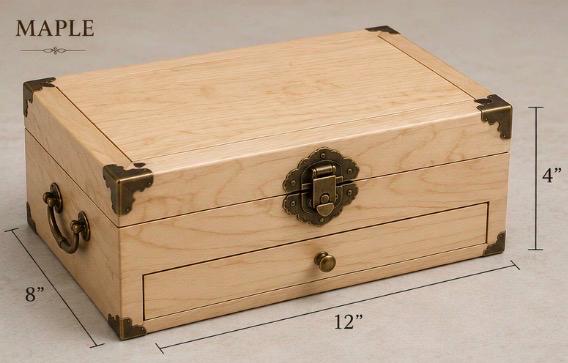 Elegant Mahjong Set Case | Hardwood Storage Box with Brass Corners and Pull-Out Drawer