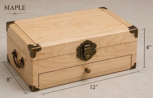 Elegant Mahjong Set Case | Hardwood Storage Box with Brass Corners and Pull-Out Drawer