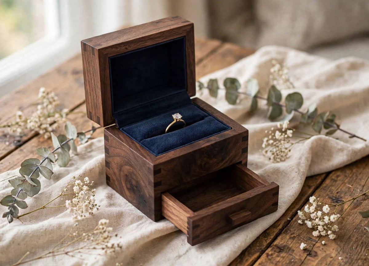 Classic craftsman style — lift-top ring section with a pull-out drawer underneath for the second band, notes, or keepsake