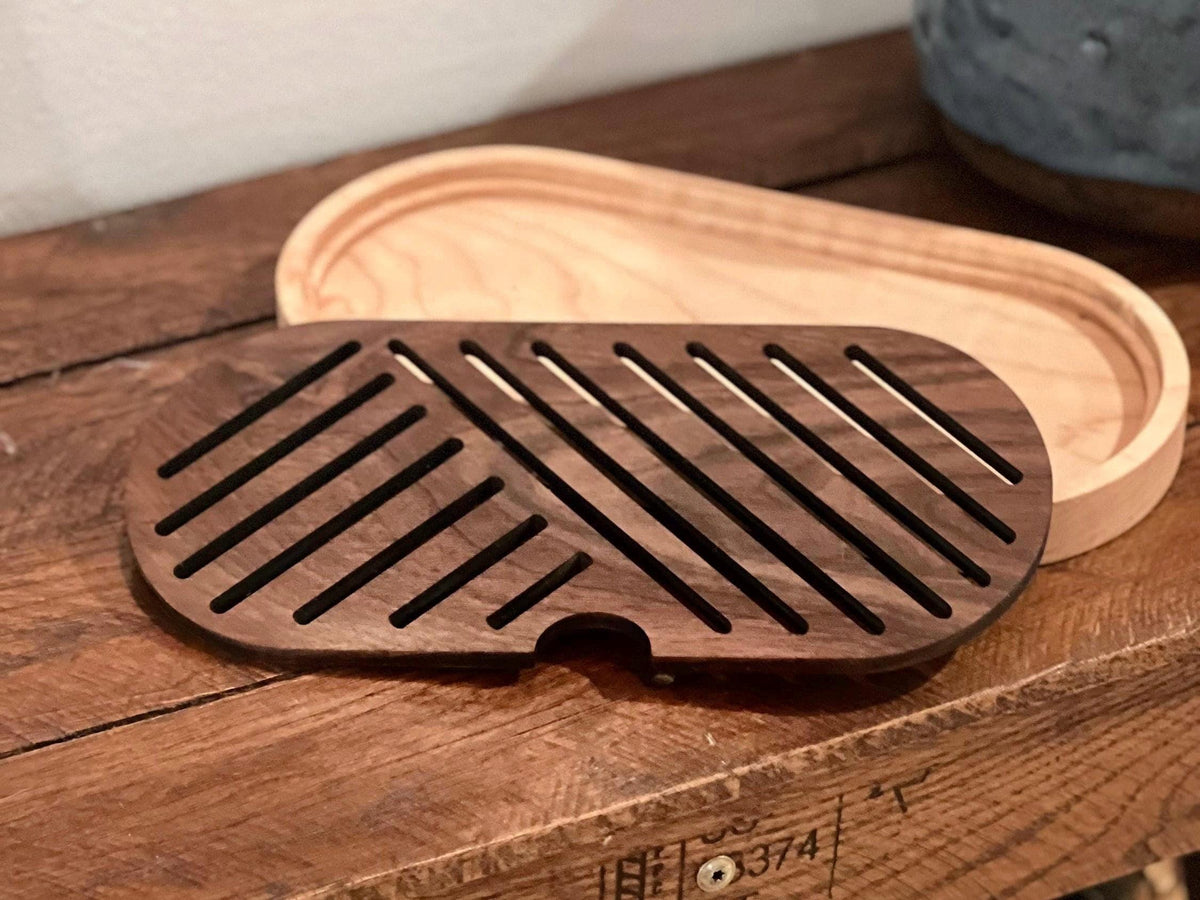Wooden Maple and walnut bread cutting board and crumb tray