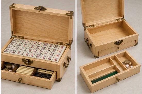 Elegant Mahjong Set Case | Hardwood Storage Box with Brass Corners and Pull-Out Drawer