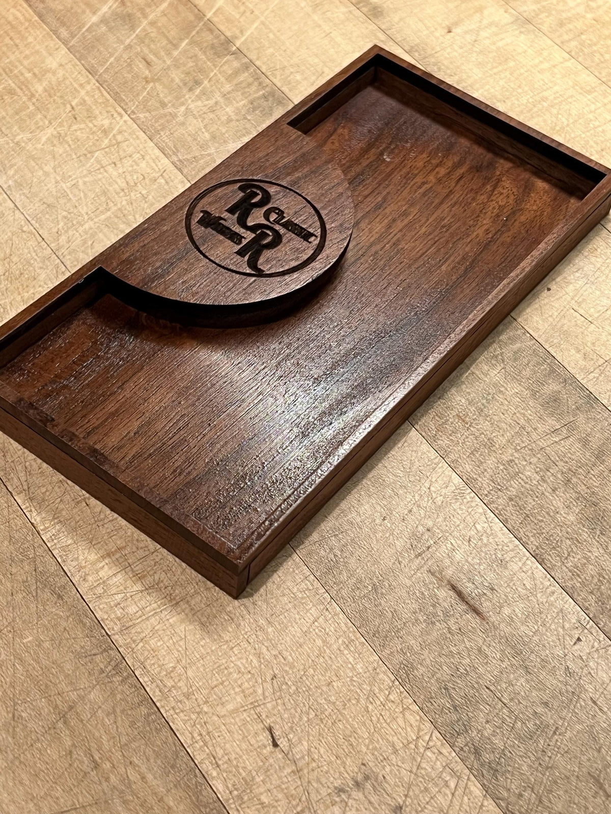 Wooden check  presenter and receipt holder for credit cards and cash. The measurements are 7”x3 1/2”x 1/2”
