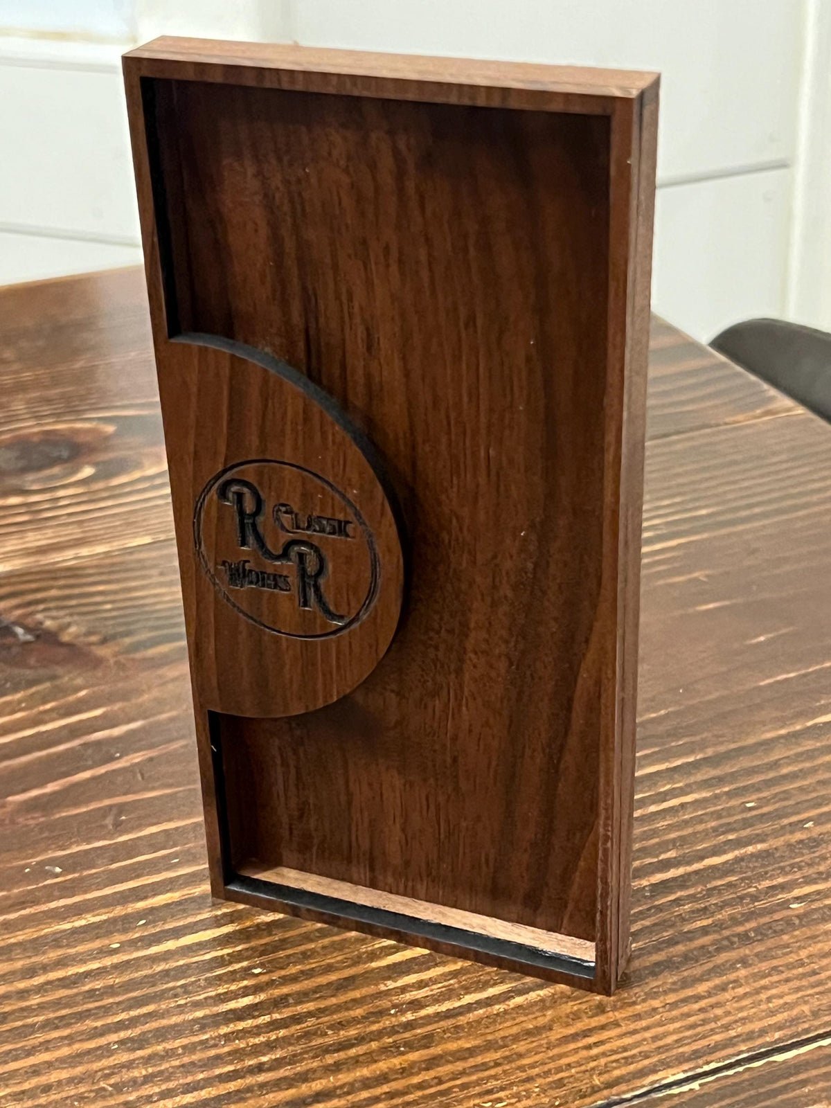 Wooden check  presenter and receipt holder for credit cards and cash. The measurements are 7”x3 1/2”x 1/2”