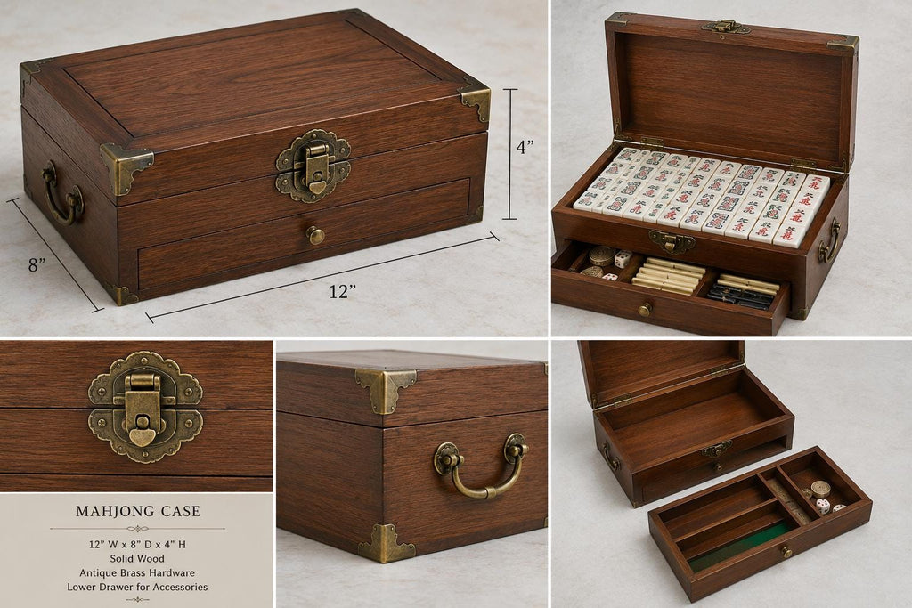 Elegant Mahjong Set Case | Hardwood Storage Box with Brass Corners and Pull-Out Drawer