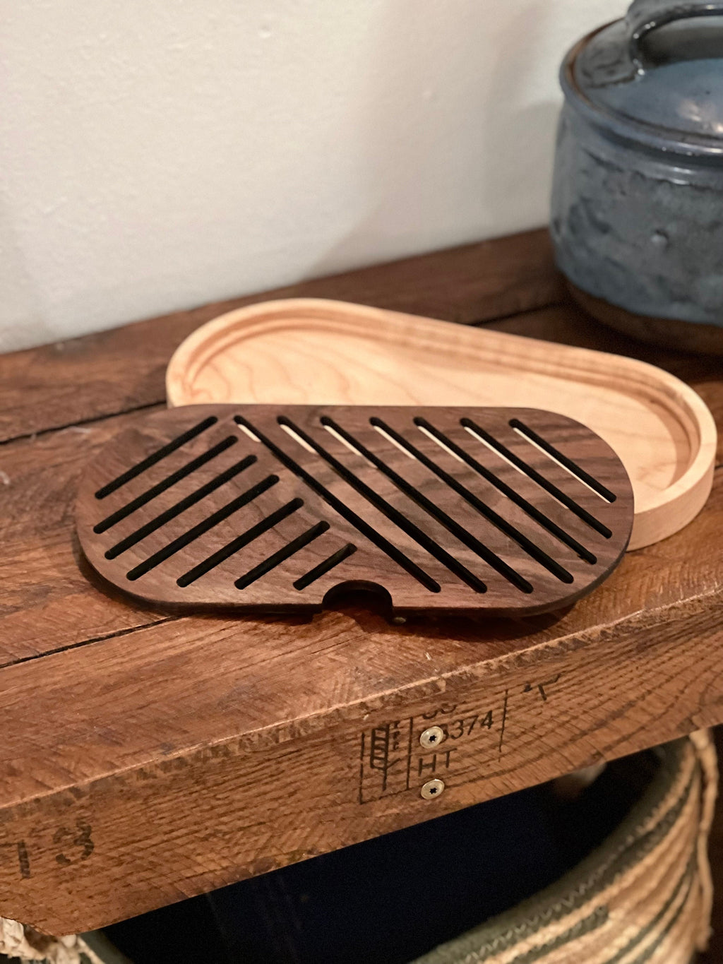 Wooden Maple and walnut bread cutting board and crumb tray